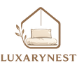 Logo of Luxarynest with a pillow and leaves design on a white background