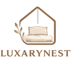 Logo of Luxarynest with a pillow and leaves design on a white background
